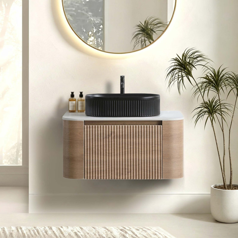 Meuble-lavabo préassemblé avec lavabo et porte-serviettes, comptoir en pierre frittée et lavabo ovale en céramique, Honey Oak