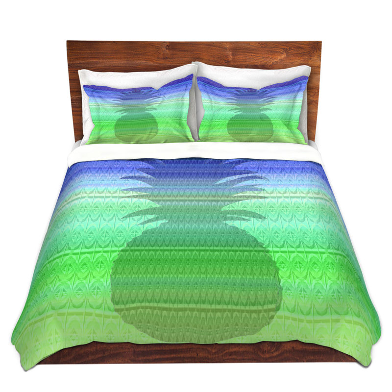 Ensemble de housse de couette ananas, 1 housse simple + 1 taie standard, Bleu / Vert