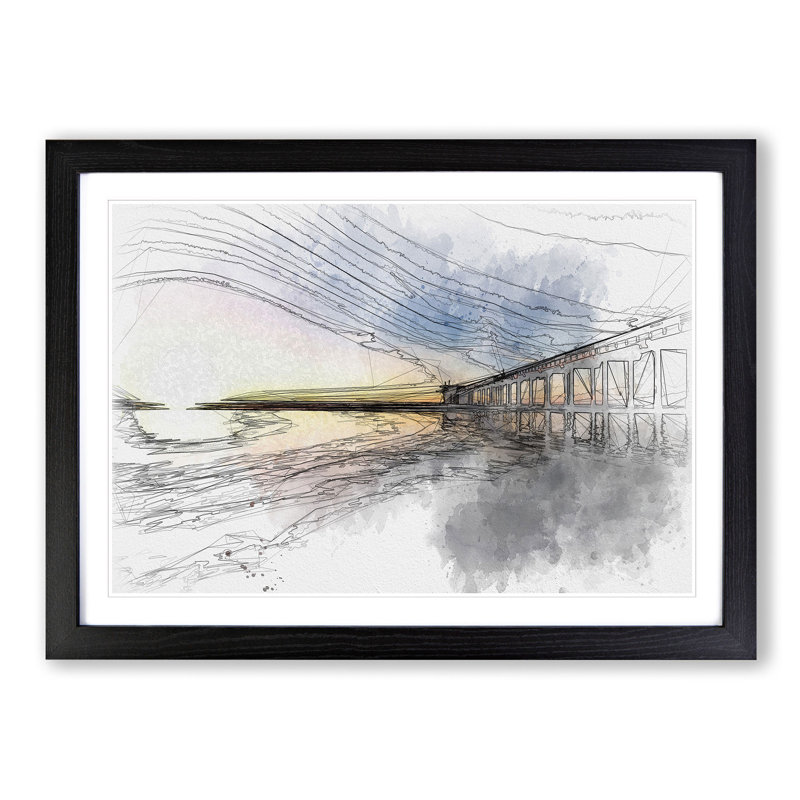 Pier in San Diego Sketch - Picture Frame Graphic Art Print, 36cm H x 48cm W x 2cm D, Black Framed