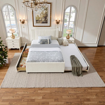 Full Size Upholstered Daybed with Trundle Bed and Storage Drawers, Vertical Channel Tufted Headboard, Space-Saving Multi-Functional Design