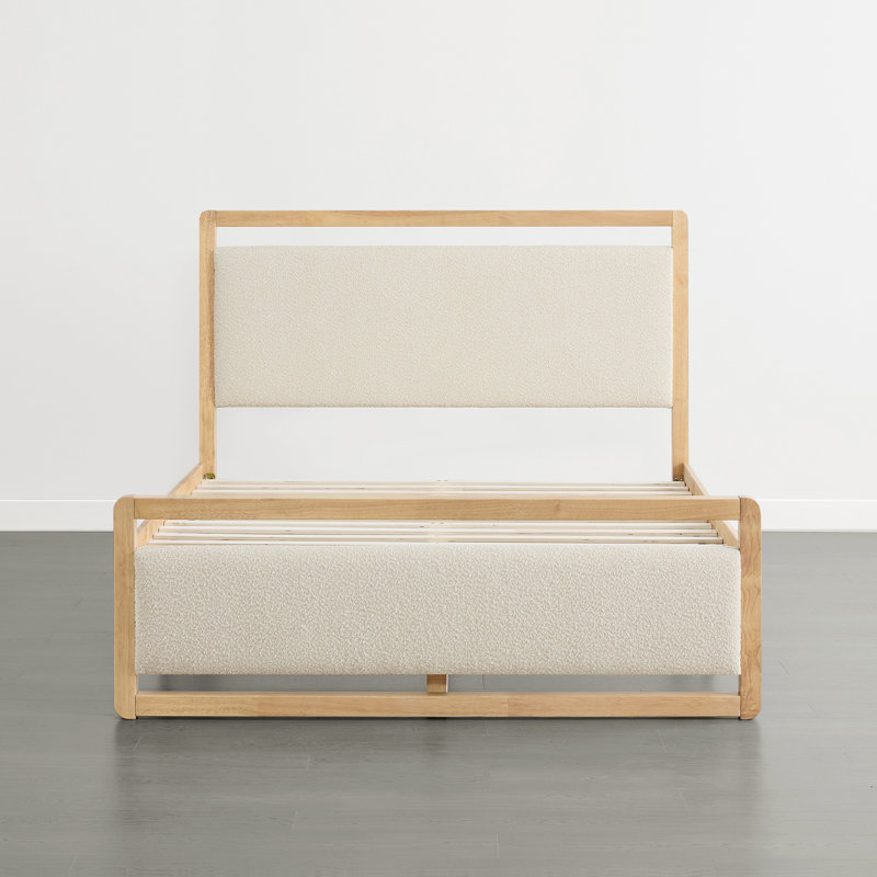 Modern Solid Wood Boucle Upholstered Bed Frame With USB, Oat, Queen