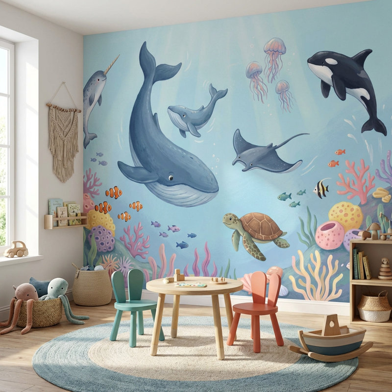 Murale de baleines sous l'eau, 160 po x 108 po, Peler et coller