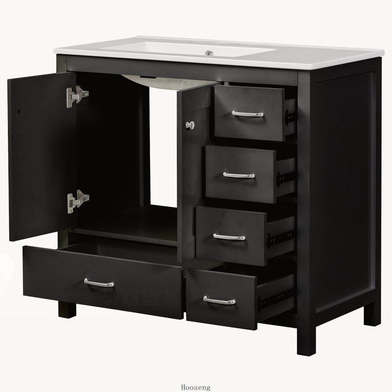 Meuble-lavabo noir de 91 cm (36 po) avec lavabo en céramique, 2 portes à fermeture en douceur et 5 tiroirs, Black, Silver