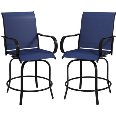 Of 2 Outdoor Bar Stools With , 360 Swivel Arrangement, High Mesh Fabric, Steel Frame For Patio, Balcony, Poolside, Backyard, Deep Navy Blue Swivel, Mesh, Chairs
