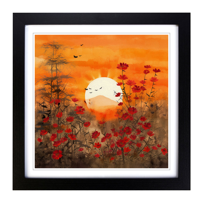 Japanese Sunset Floral No.1 - Single Picture Frame Print, Black