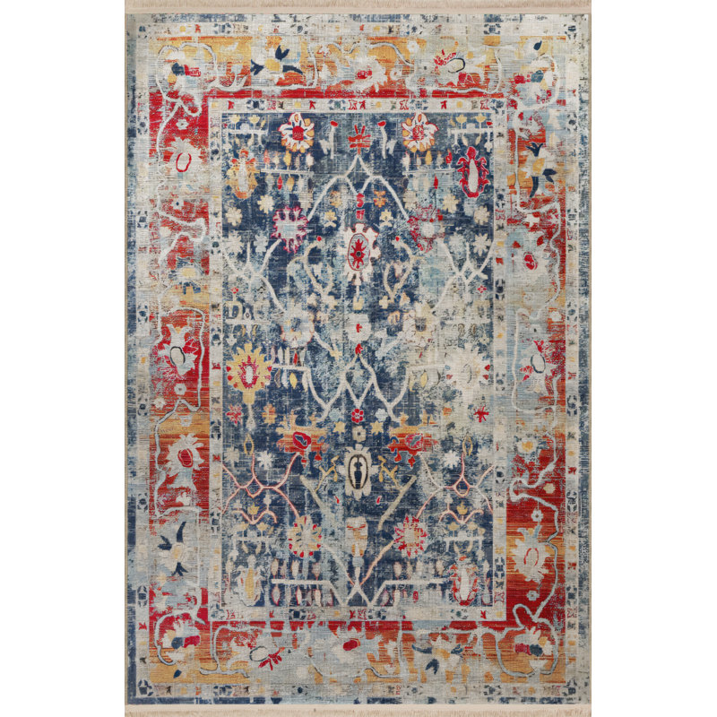 Tapis bleu en polypropylène à imprimé numérique Wimjan, Tapis de couloir 4 pi x 8 pi 3 po