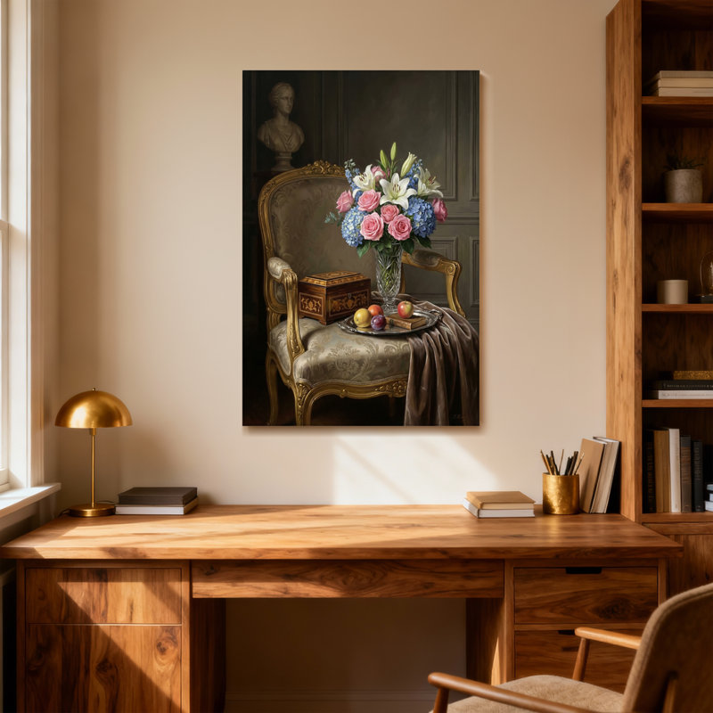 Arrangement floral de plantes et de fleurs sur une chaise ornée avec des fruits et une boîte