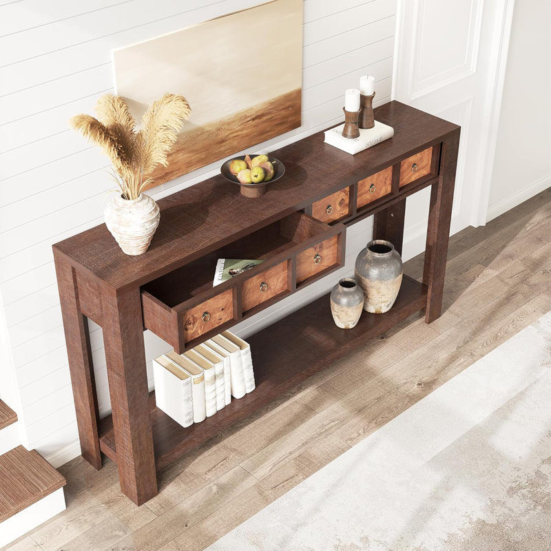 Table basse 54 po avec 2 tiroirs et tablette de rangement ouverte pour le salon du vestibule, Brun-rouge