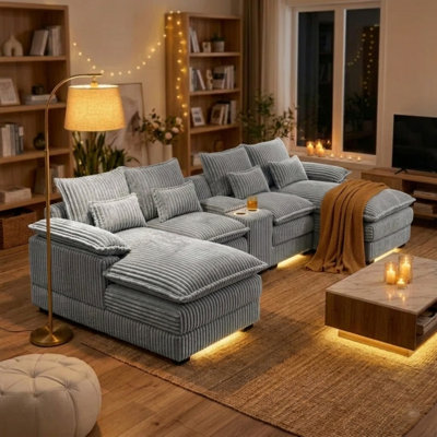 125" Oversized U-Shaped Modular Sectional Sofa with Center Console Coffee Table, USB Ports & 4 Toss Pillows for Living Room Apartment, Gray