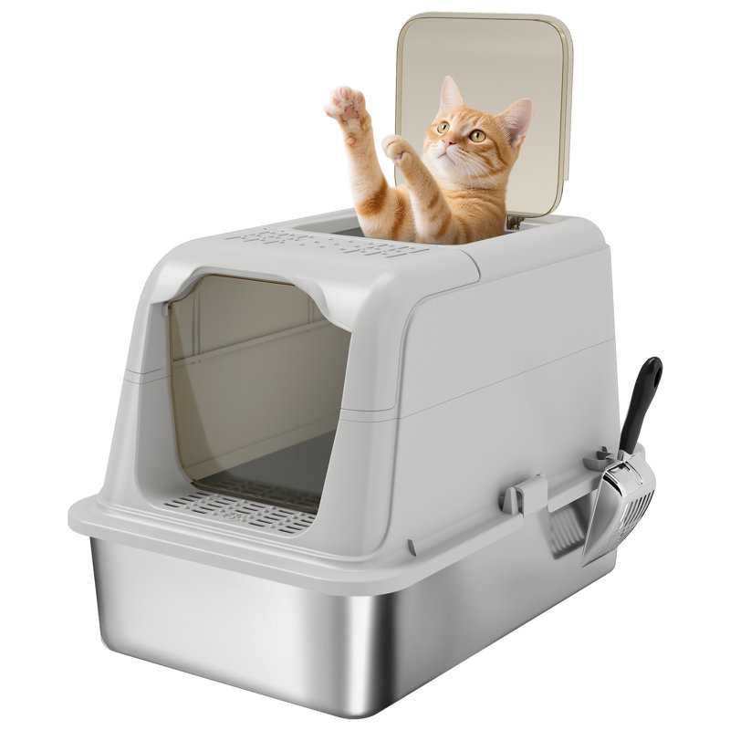 Stainless Steel Litter Box Enclosed Metal Litter Tray with Scoop