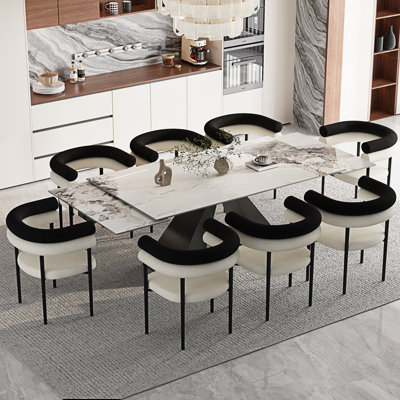 94.5'' Extendable Sintered Stone Dining Table With Upholstered Fabric Armchairs Dining Set