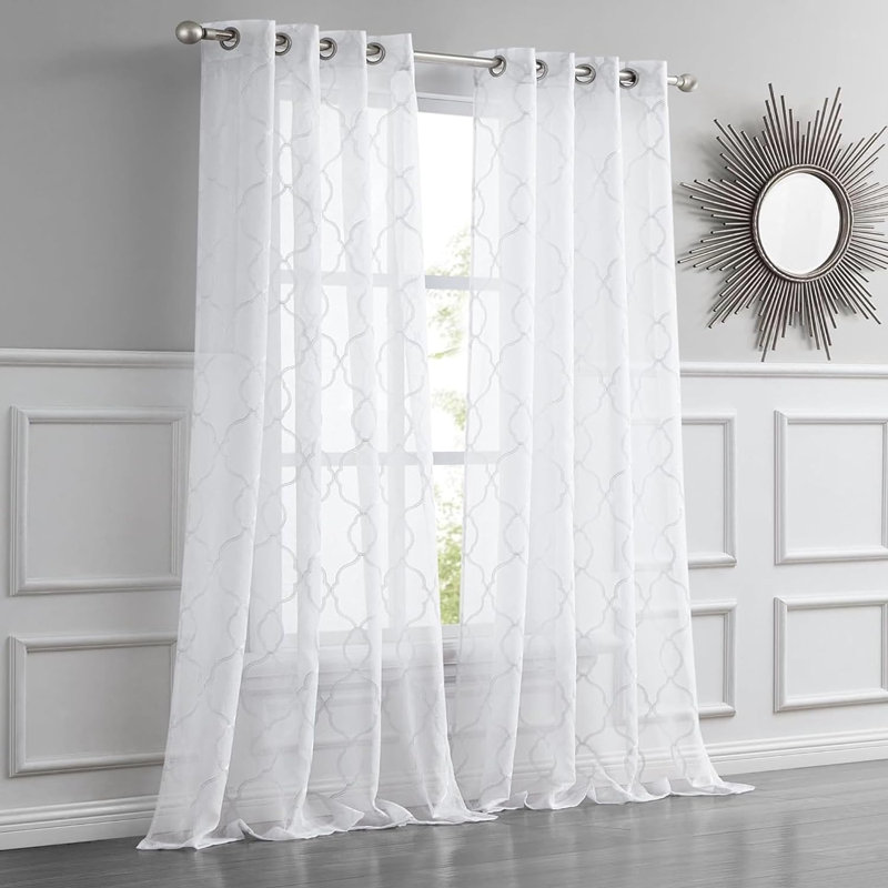 Geometric Sheer Embroidered Trellis Grommet Single Curtain Panel, White