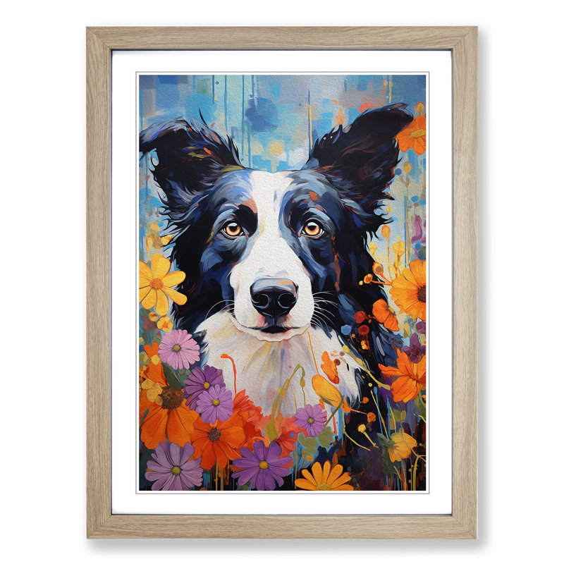 Border Collie Expressionism No.2 - Single Picture Frame Print on Wood, Oak, 34cm H x 25cm W x 2cm D