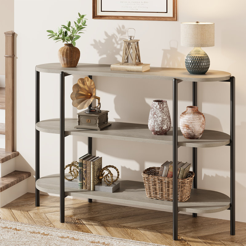 Console industrielle moderne à 3 niveaux avec tablettes ouvertes - Table d'appoint peu encombrante pour le vestibule, le salon ou le couloir - Structure en métal durable - Solution de rangement élégante - Gris