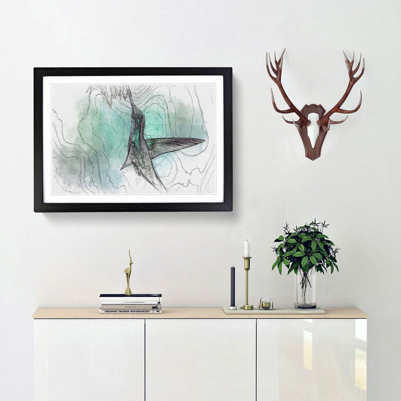 Green Hummingbird in Abstract - Picture Frame Graphic Art Print, 36cm H x 48cm W x 2cm D, Black Framed