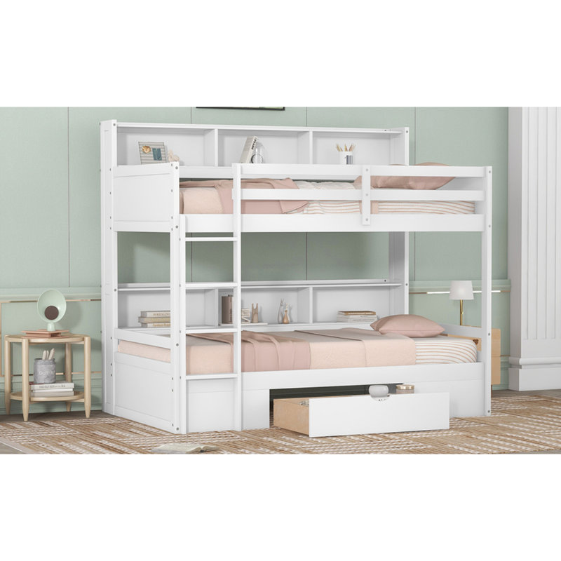 Lit superposé simple au-dessus de blanc avec, trois tablettes de rangement et un tiroir pour un propre dortoir