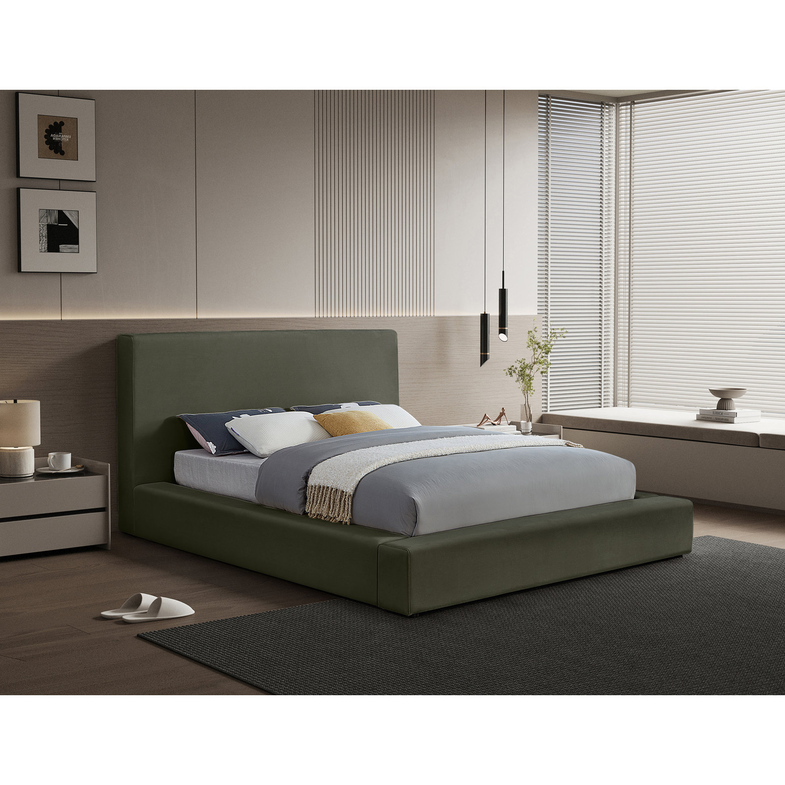 Ishia Upholstered Platform Bed, King, Green Velvet