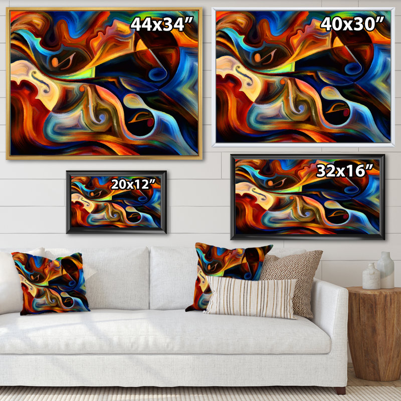 «Blue Orange and Yellow Dynamics on Black», reproduction sur toile, H 16 po x l 32 po, Cadre flottant doré
