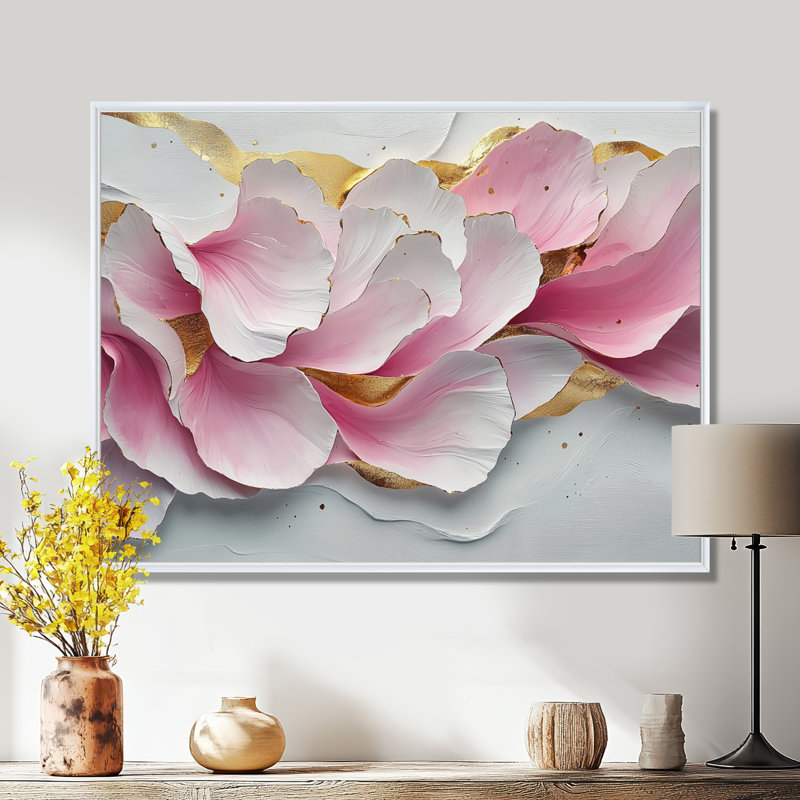 Or rose, veines élégantes de pétales de fleurs IV - fleurs abstraites, art mural, H 30 po x l 40 po, Floater Framed, Blanc