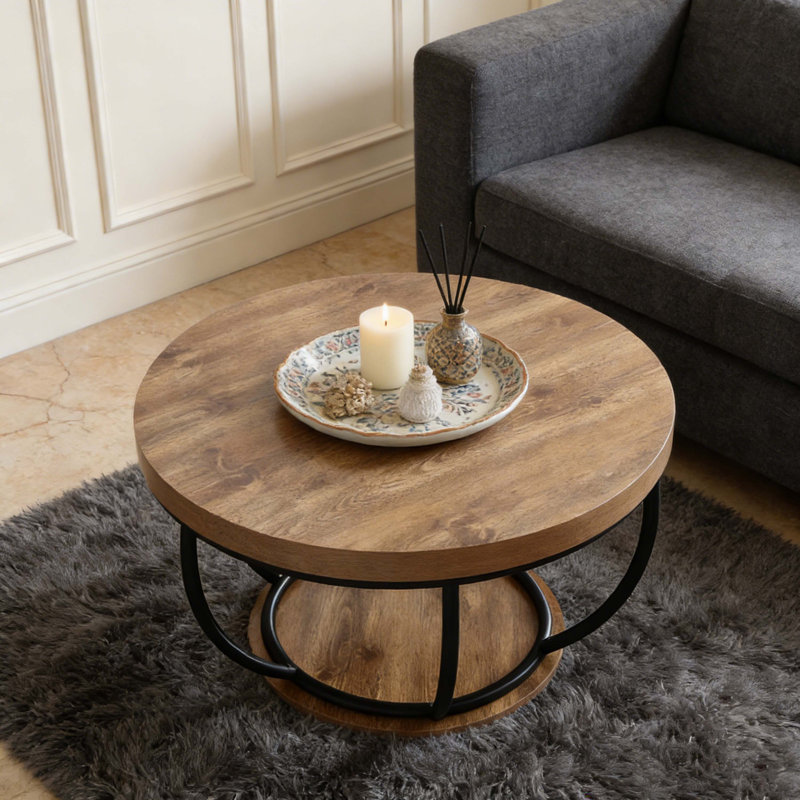 Round Rustic Wood Coffee Table With Black Geometric Metal Frame & Lower Shelf - Industrial Modern Accent Table, Wood/Black