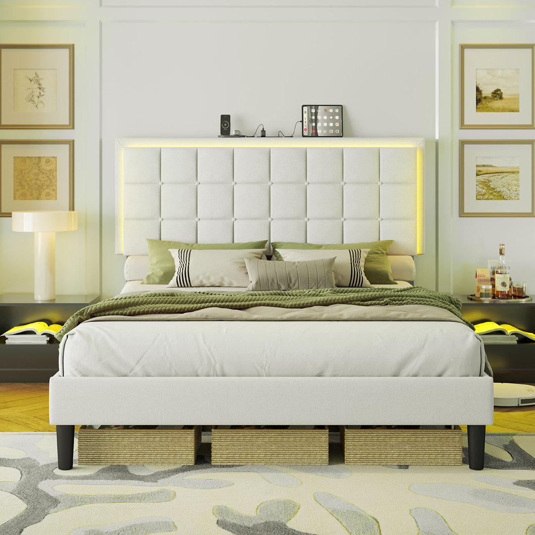 Berdean Button Tufted Platform Bed Frame with LED Lights Wade Logan® 