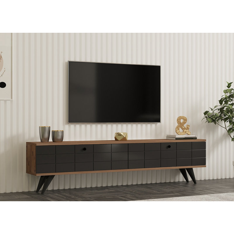 Meuble télé moderne avec porte en bois massif, 62,9 x 13,8 x 27,6 pouces | 100% panneau de particules enduit de mélamine, 0,7 po d'épaisseur | Pin atlantique et couleurs anthracite, plusieurs tablettes pour un rangement supplémentaire, design scandinave et géométrique
