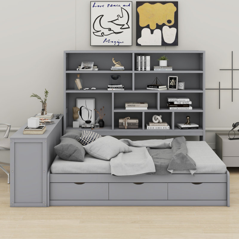 Daybed With Drawers ,Desk ,Shelves And Lights, Gray