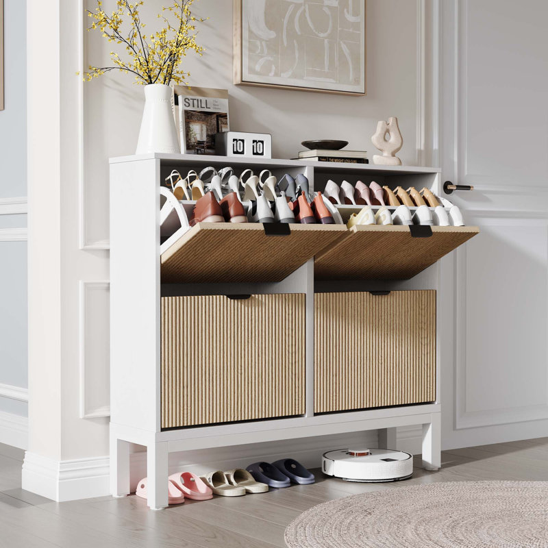 Shoe Storage Cabinet With 4 Flip Drawers, Farmhouse Fluted Shoe Organizer With Metal Legs, White/Oak