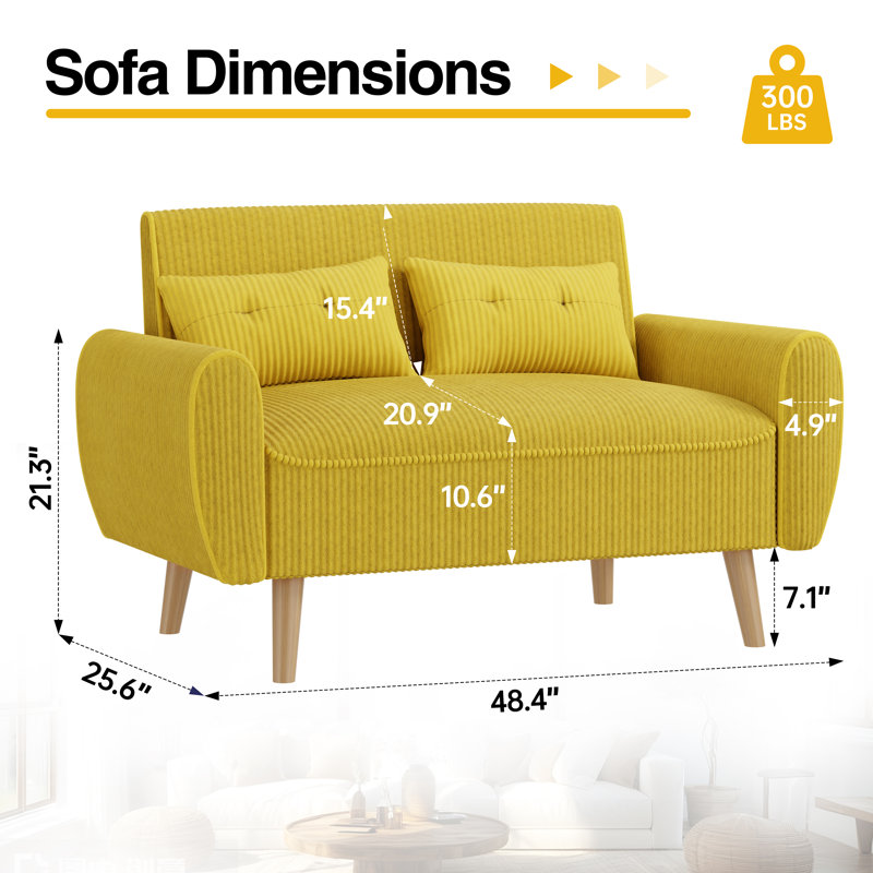 Modern Cotton Corduroy Loveseat For Small Spaces, Yellow