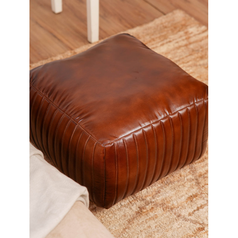 Pouf en cuir de chèvre massif fait à la main (rembourrage en coton recyclé), Brown Genuine Leather, Carrée