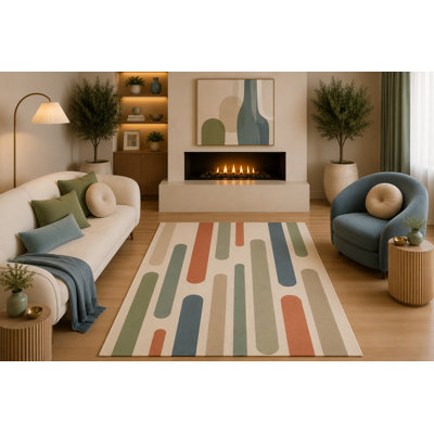 Tapis moderne de style Mid-Century 5 pi x 7 pi à rayures arrondies beige terre cuite sauge pour le salon, la chambre à manger, le sous-tapis en silicone antidérapant