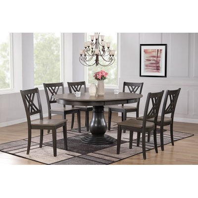  Lafoe 7-Piece Round Solid Wood Extendable Dining Set In Grey With A Gear Driven 18" Takeout Leaf (seats 4-6 people)