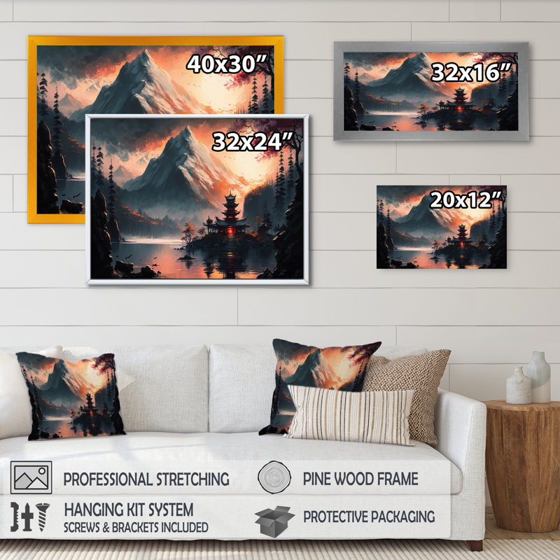 «Architectural Building on Island Landscape IV», reproduction sur toile, L 32 po x H 16 po, Toile avec cadre flottant or