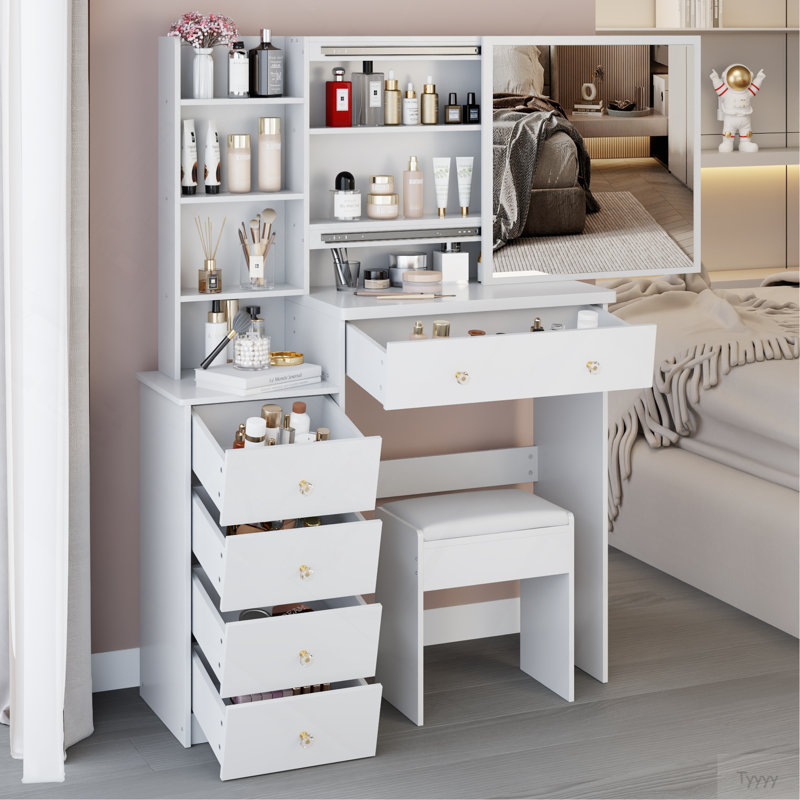 Table de chevet 37 po + tabouret rembourré, très grand miroir coulissant à droite, rangement multi-couches à grande capacité, ensemble de coiffeuse pratique à la mode, certificat EPA, GCC, UL