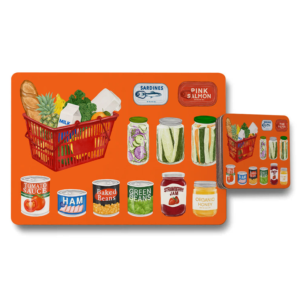 Placemat and Coaster Set Grocery Themed Kitchen Decor On Orange Background