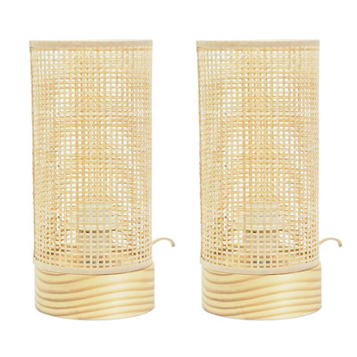 Rollyn Pair of Natural Bamboo Shade Wooden Table Lamps with LED Bulbs