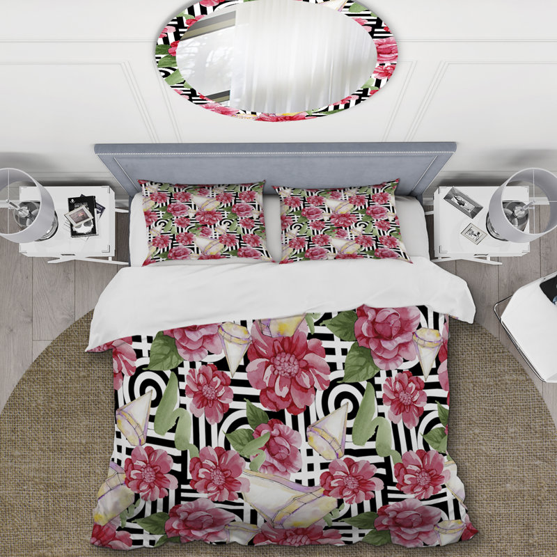 Roses roses et feuille verte - ensemble de housse de couette floral - microfibre de polyester