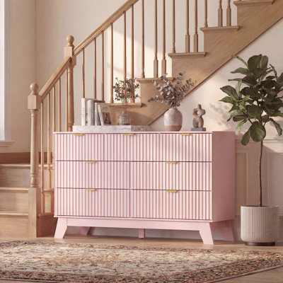 Fluted 7- Drawer Rattan Dresser For Bedroom, 47''W TV Stand Table Storge Chest of Drawers with Adjustable Feet&Metal Handle