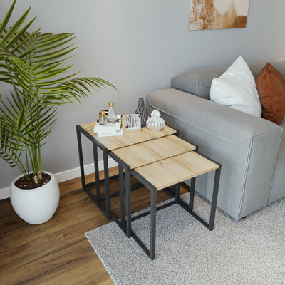 Elegant Nesting Table Set (3 Pieces), Oak & Black, 13.8 x 23.6 x 19.7 inches | 100% Melamine Coated Particle Board, 0.7 inches Thick | Durable Electrostatic Powder Coated Metal Legs | Modern Design for Home Office & Living Room