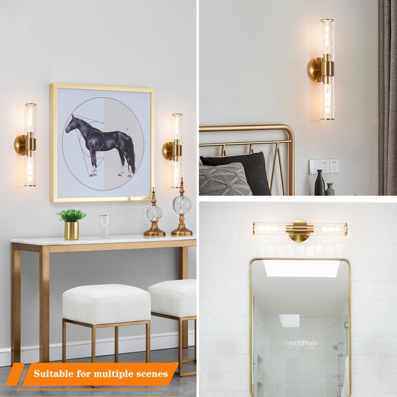 Ensemble de 2 appliques murales dorées, luminaire de meuble-lavabo câblé, applique murale en laiton, ensemble de 2 appliques murales modernes, lampe cylindrique (ampoules requises)