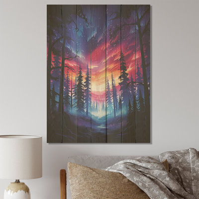 Purple And Pink Northern Light Pine Tree Forest - Tree Pine On Wood Print