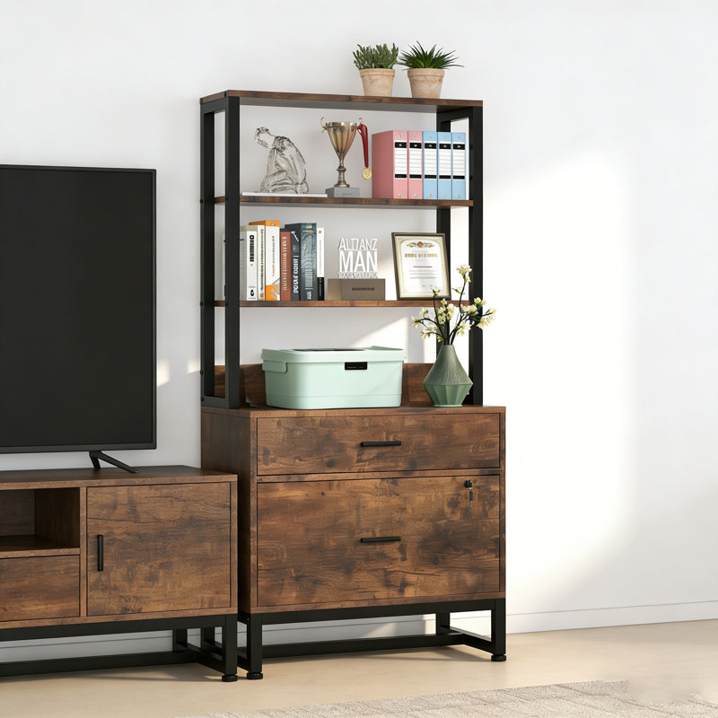 2 Drawers Tall File Cabinet with Shleves, Brown