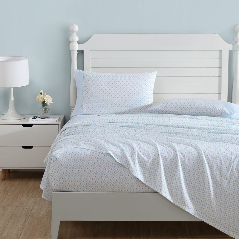 Ensemble de draps en coton Laura Ashley Kate, Ensemble de draps pour très grand lit avec 2 taie, Bleu / losange, motif floral
