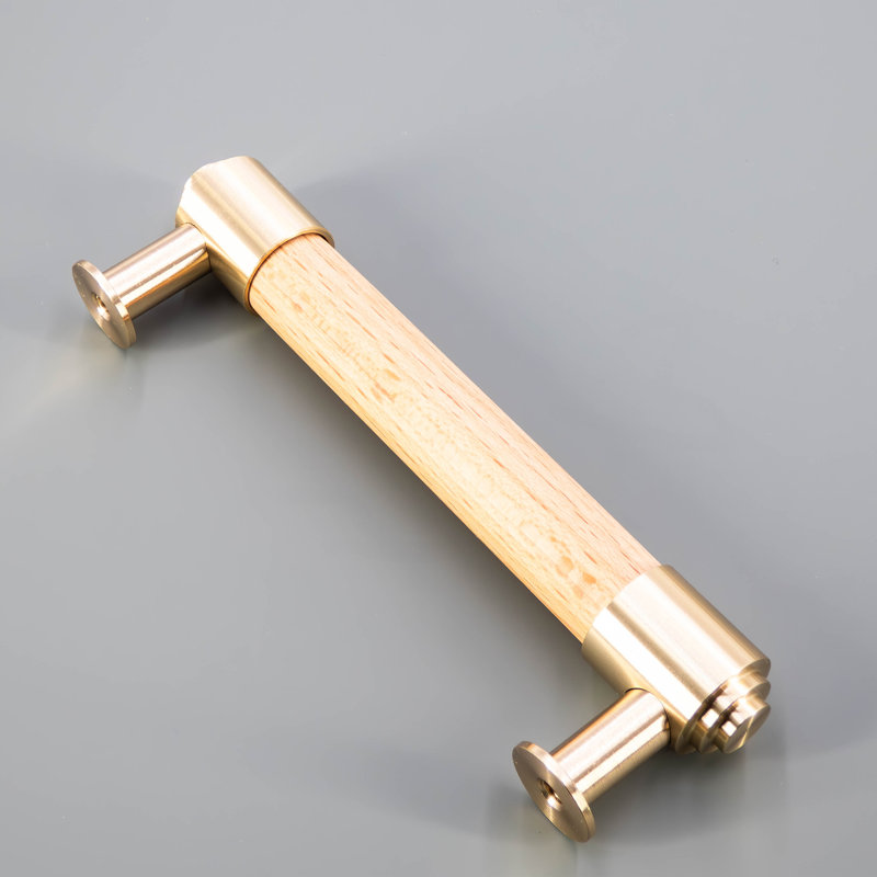 Solid Brass And Wood Cylindrical Cabinet Pull, 3.78", Brass/Oak