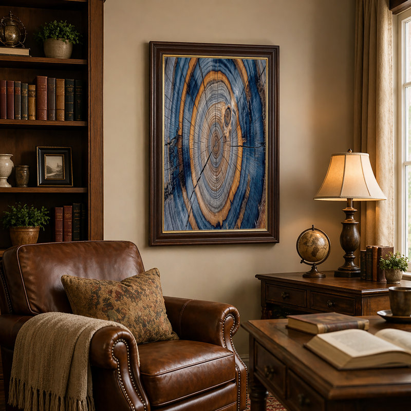 «Blue and Orange Tree Rings Cross Section», art mural, H 12 po x l 18 po