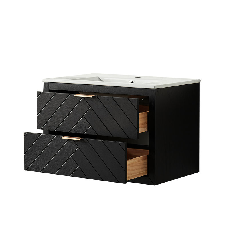 Meuble-lavabo simple mural de 30 po, entièrement lavable, lavabo en céramique nettoyable, tiroirs spacieux, conception étagée, bois massif forgé à haute température +