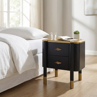 Table de chevet contemporaine à deux tiroirs avec profil incurvé et pieds exposés, table de chevet en forme de plumes