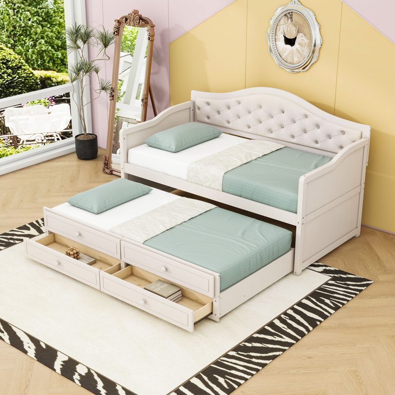 Lit de jour simple avec lit gigogne coulissant simple et 2 tiroirs de rangement, Beige