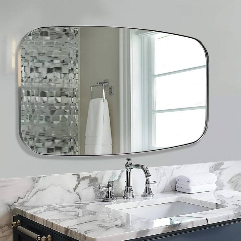 Miroir de salle de bain ovale moderne | Cadre en acier inoxydable, 48 po x 30 po, Chrome poli