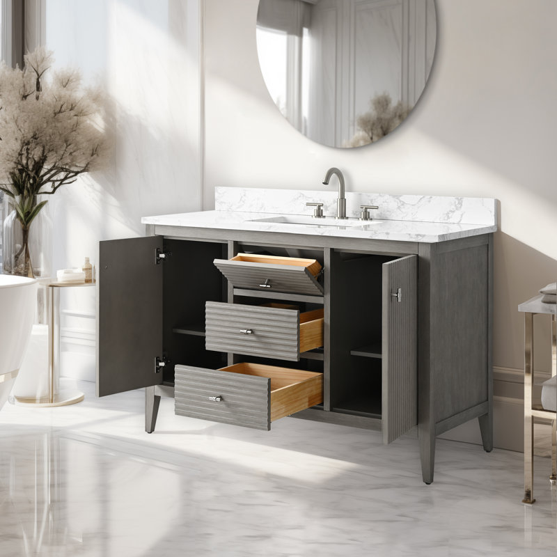 Meuble-lavabo simple 48 po avec plateau en marbre, Nickel brossé, Gris flottant linéaire
